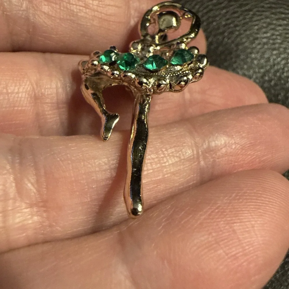 Vintage Gold Tone And Green Rhinestones Ballerina Brooch